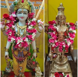 ஸ்ரீ வாசவி அம்மன் மற்றும் ஸ்ரீ ஸ்வர்ண சத்திய நாராயணன் அலங்காரத்தில் அருள் பாலிக்கும் காட்சி