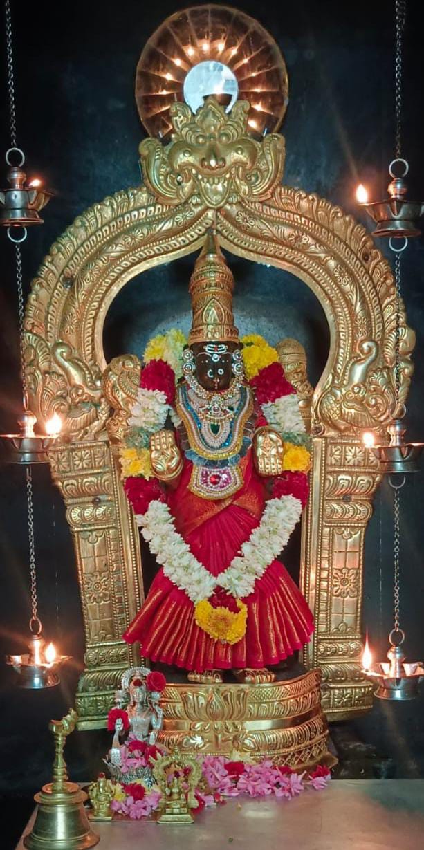 ஸ்ரீ வாசவி கன்யகா பரமேஸ்வரி அம்மன் சிகப்பு நிற சேலையில் வண்ண மலர் மாலையுடன் இன்றைய அலங்காரத்தில் அருள் பாலிக்கும் காட்சி