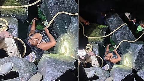 பாண்டி மெரினாவில் பாறை இடுக்கில் சிக்கிய உதவி பேராசிரியை மீட்பு!