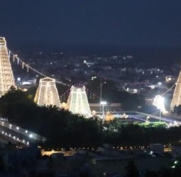 அண்ணாமலையார் கோபுரங்கள் மின்விளக்குகளால் அலங்கரிக்கப்பட்டு கோபுரங்கள் ஒளிரும் காட்சி