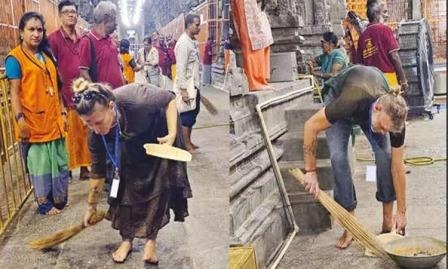 திருவண்ணாமலை அண்ணாமலையார் கோவிலில், வெளிநாட்டைச் சேர்ந்த சிவனடியார்கள் உழவாரப் பணி