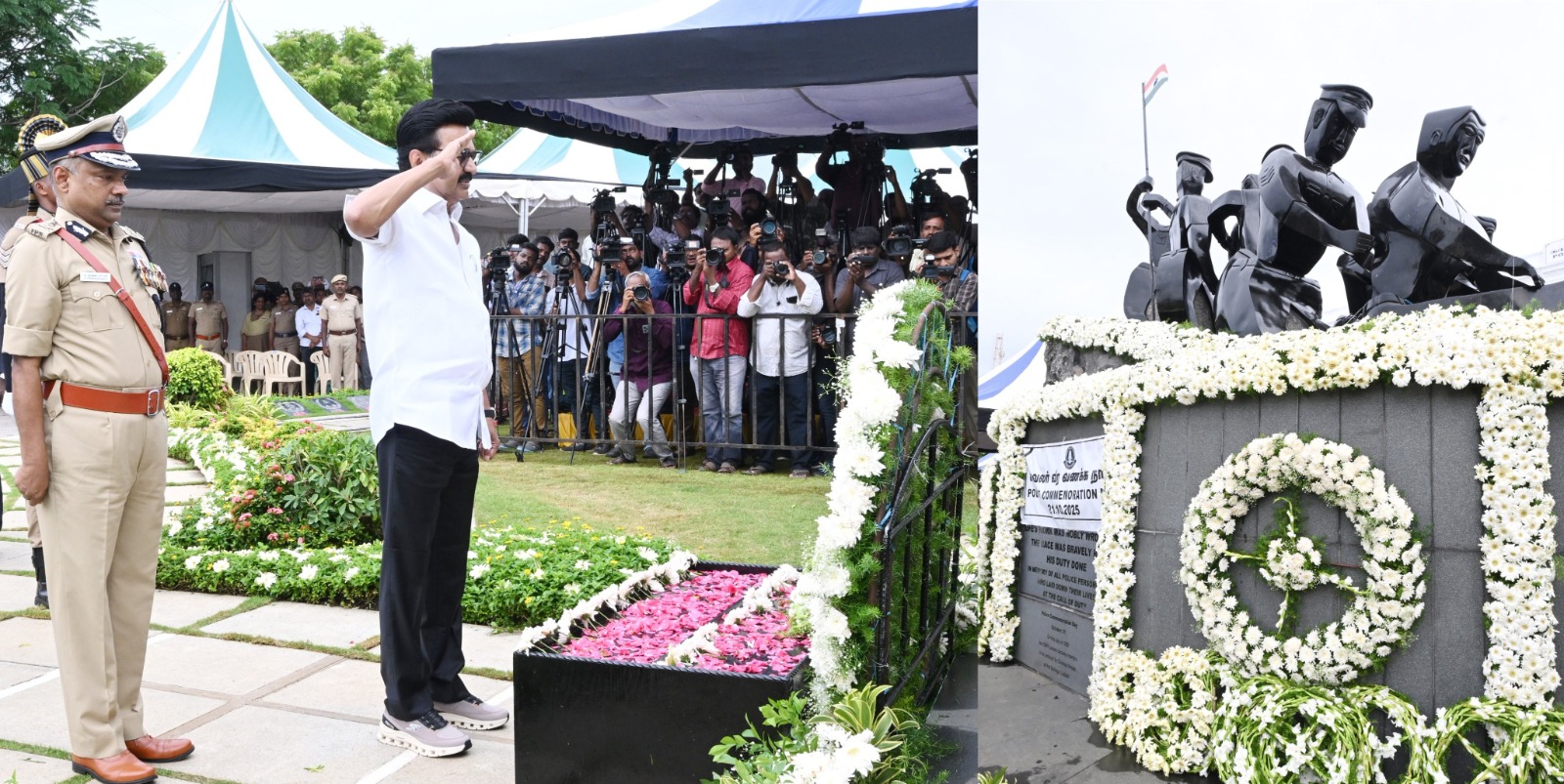 காவலர் நினைவுச்சின்னம்முன் முதல்வர் ஸ்டாலின் மலர்வளையம் வைத்து வீரவணக்கம்