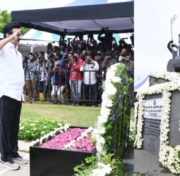 காவலர் நினைவுச்சின்னம்முன் முதல்வர் ஸ்டாலின் மலர்வளையம் வைத்து வீரவணக்கம்