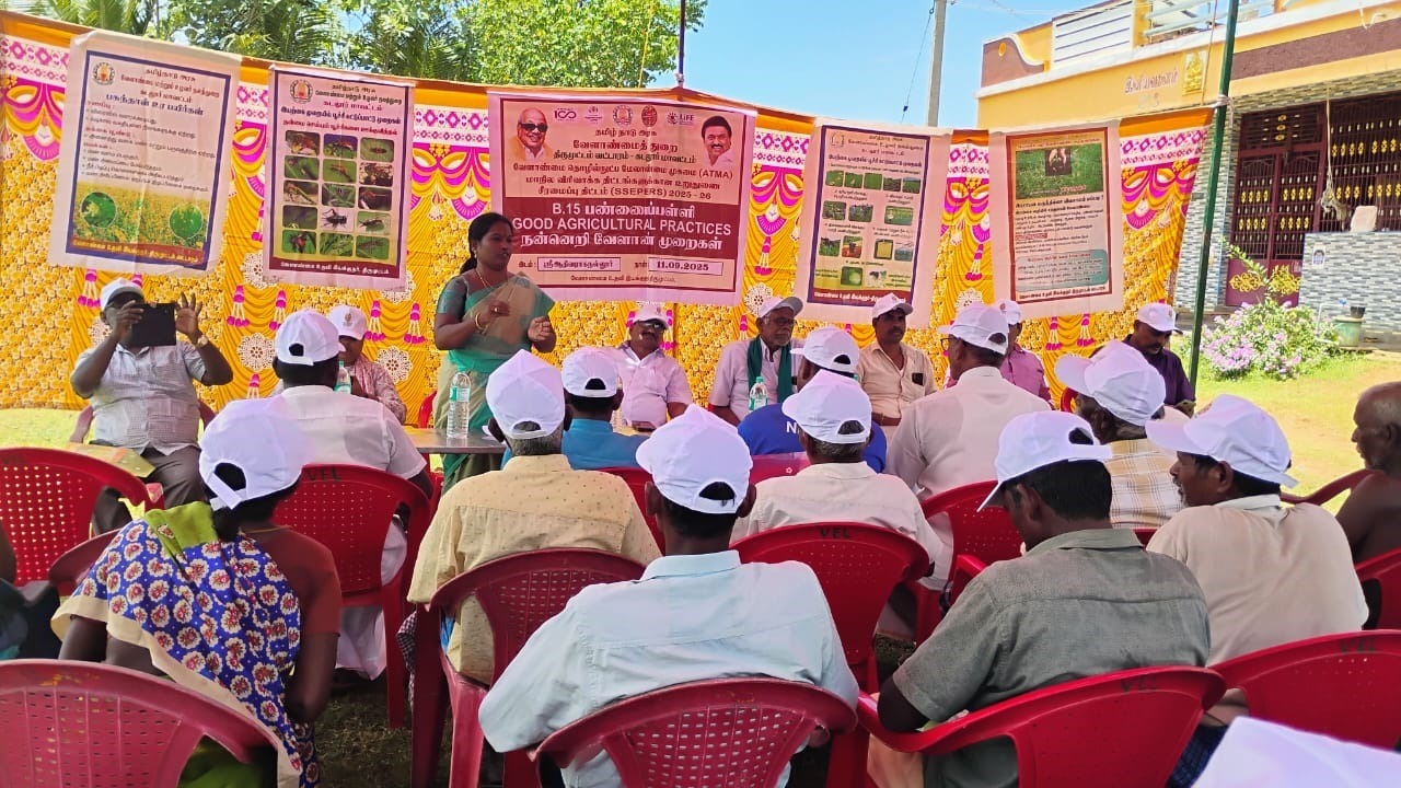 நல்லூர் கிராமத்தில் பண்ணை பள்ளி நன்னெறி வேளாண் முறைகள் குறித்து விவசாயிகளுக்கு பயிற்சி