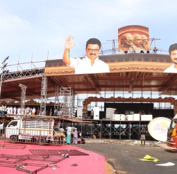 திமுக முப்பெரும் விழா பந்தலை, முதன்மைச்செயலாளர் கே.என். நேரு ஆய்வு