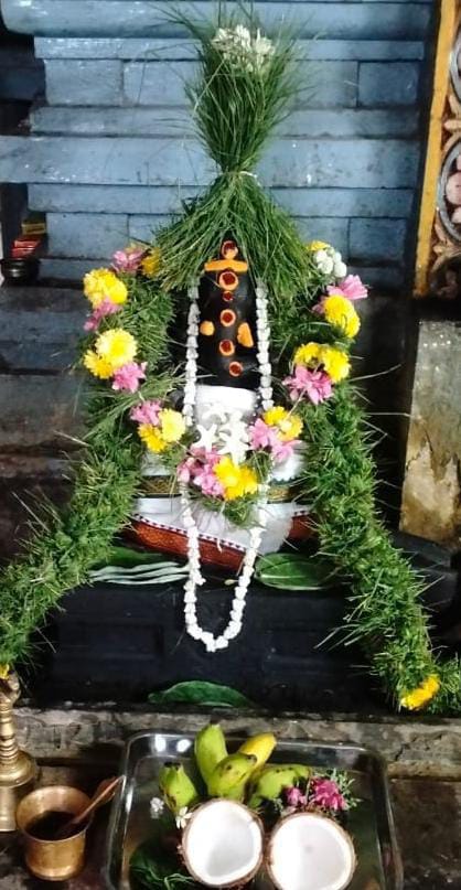 விநாயகப் பெருமானுக்கு அருகம்புல் மாலையுடன், எருக்கன் பூ மாலையுடன் அலங்காரத்தில் அருள் பாலிக்கும் காட்சி