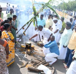 கலெக்டர் அழகுமீனா தலைமையில் ஊழியர்கள் மற்றும் அதிகாரிகள் மண்பானையில் பொங்கல் வைத்து கரும்பு இஞ்சிகளோடு பொங்கல் விழா