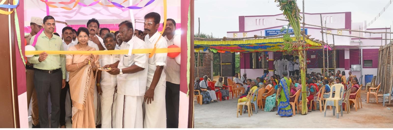 புதிதாக கட்டப்பட்டுள்ள சமுதாய நலக்கூடத்தை கலெக்டர் இளம்பகவத் முன்னிலையில் கனிமொழி எம்.பி., திறந்து வைத்தார்
